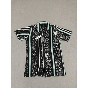 Reason Brand Shirt Mens Medium Black Mint Stripe Graphic Rayon‎ Button Up A1-481